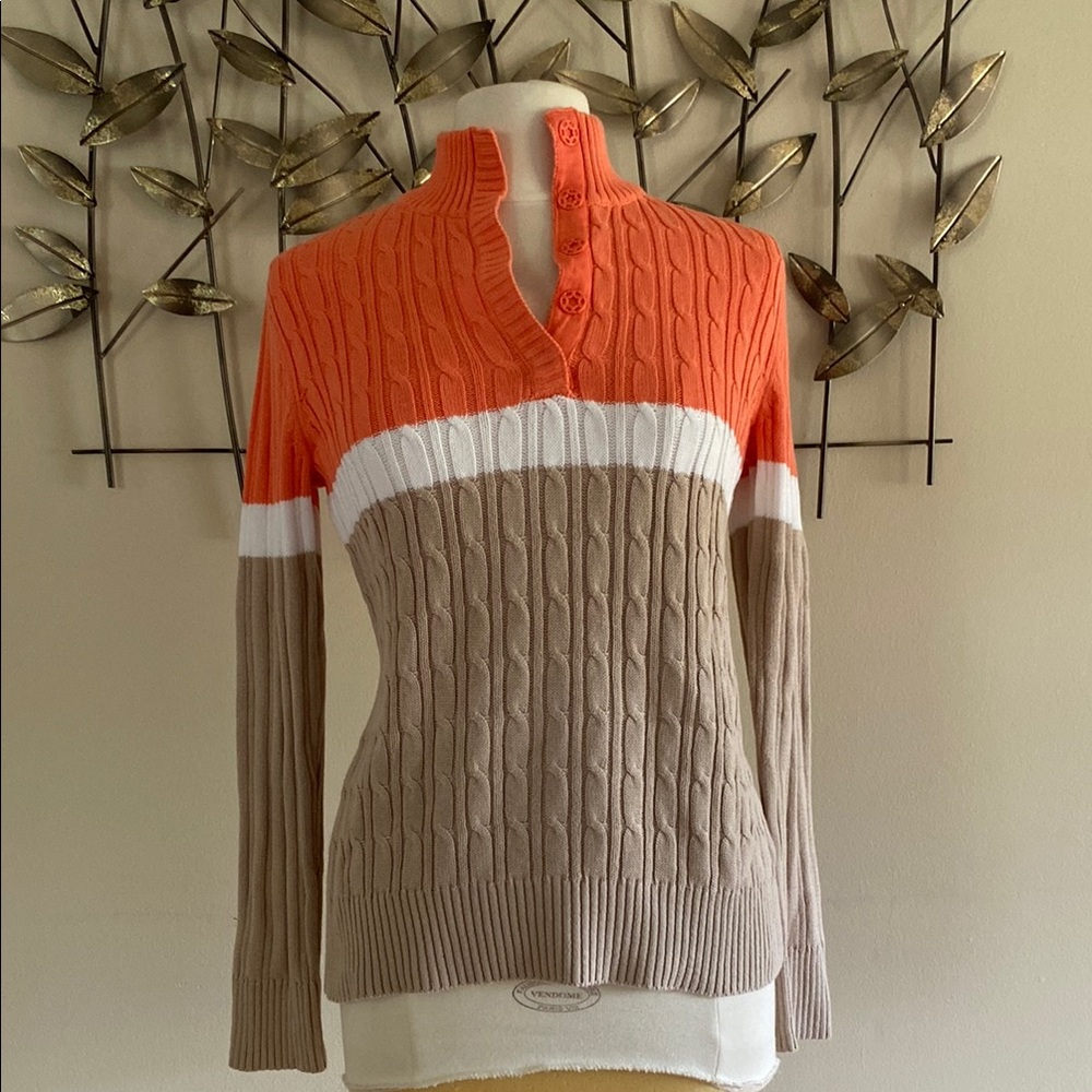 Liz & Co Orange and Beige/Tan Cowl Neck Sweater